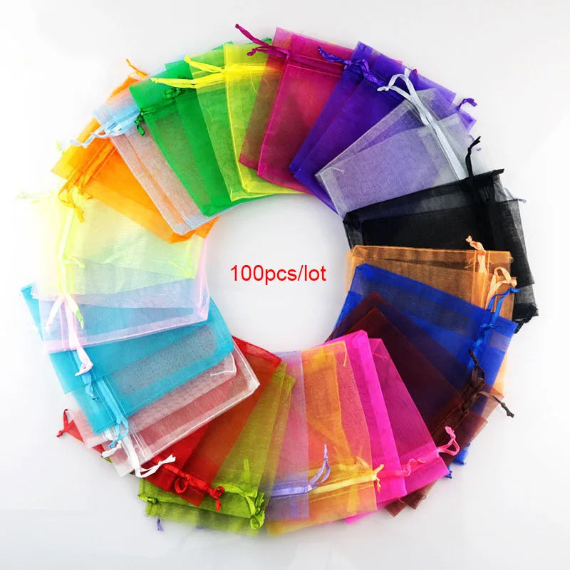 100pcs Organza Gift Bags – 22 Colors Drawstring Jewelry Pouches for Wedding, Christmas, Party Favors, Candy Gifts & Packaging Display