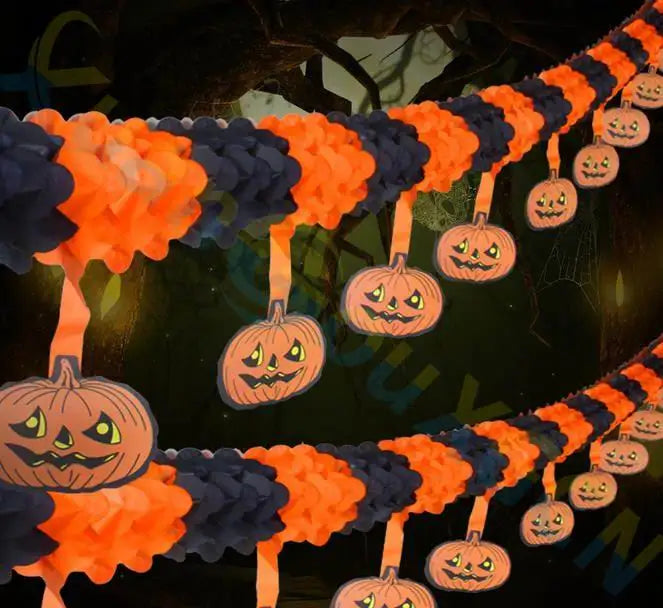 Halloween Paper Chain Garland – Spider, Pumpkin, Ghost & Bat Hanging Decorations with Pull-Flower Banner for Halloween Parties