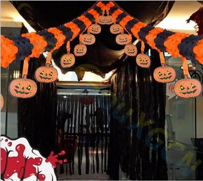 Halloween Paper Chain Garland – Spider, Pumpkin, Ghost & Bat Hanging Decorations with Pull-Flower Banner for Halloween Parties