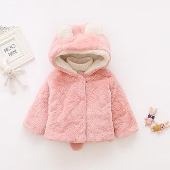 Cute Rabbit Ears Baby Jacket, Plush Hooded Winter Coat for Toddler Girls, Warm Princess Outerwear for Autumn and Christmas