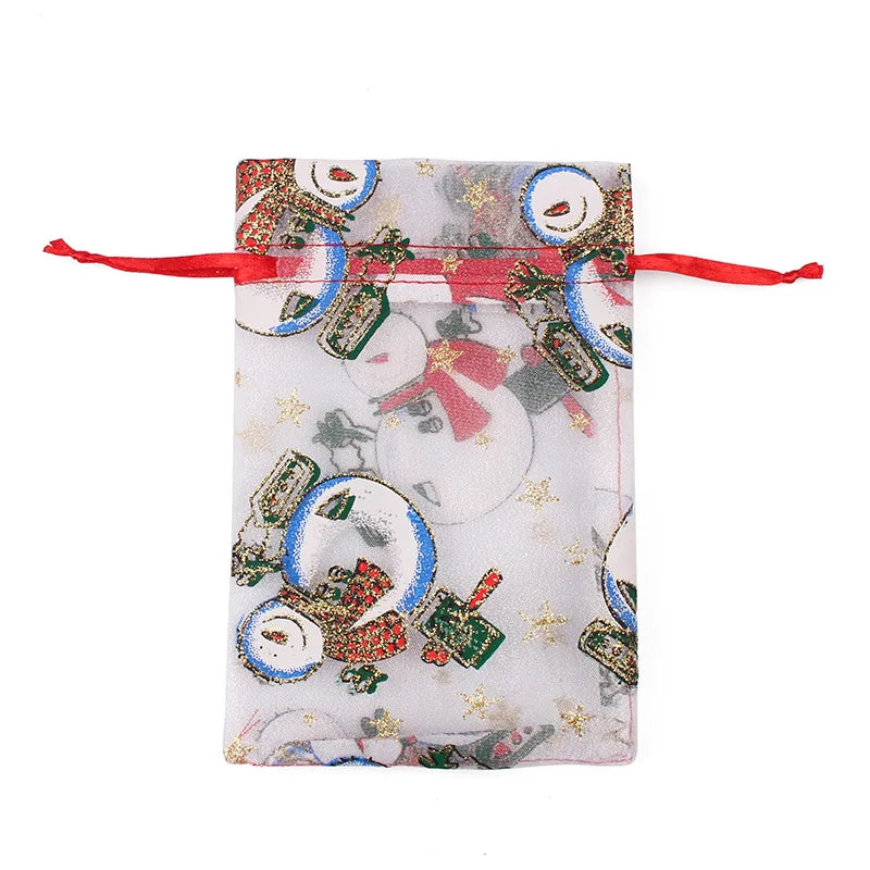 50PCS Santa Claus Christmas Organza Gift Bags – 10×15CM & 13×18CM Drawstring Jewelry & Favor Bags for Xmas Gift Packaging