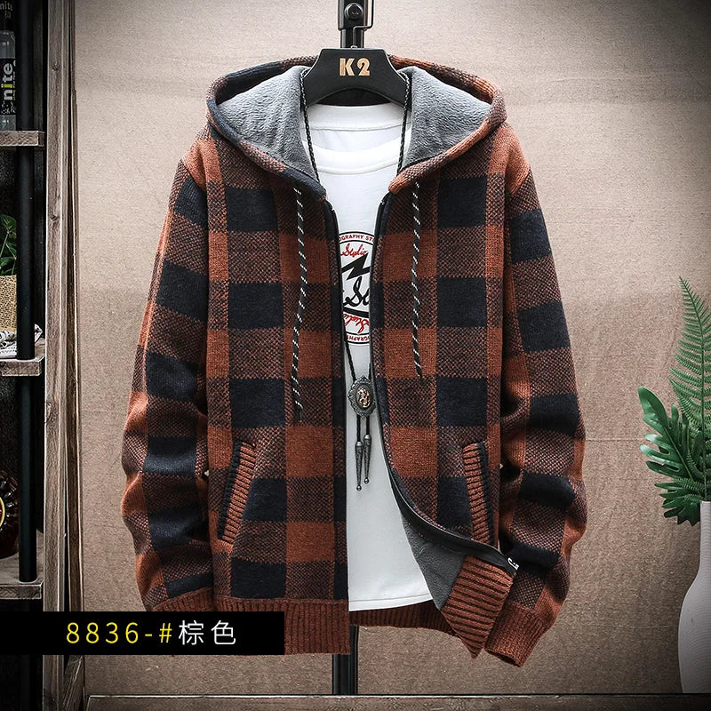 Men's Winter Plaid Hooded Cardigan Sweater Jacket Fleece Lined Warm Zipper Coat Checkered Knit Jumper for Autumn and Winter