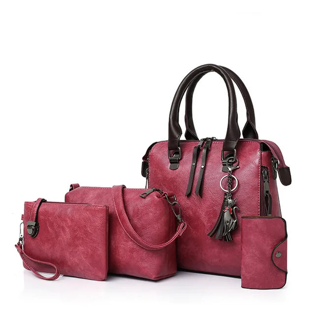 4PCS Women's Tassel Handbag Set – Luxury Leather Top-Handle & Shoulder Purses, Designer-Style Composite Bags for Elegant Everyday Fashion