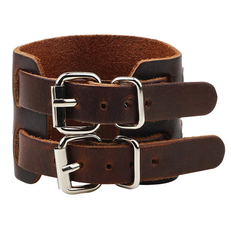 Modyle Wide Genuine Leather Cuff Bracelet – Vintage Brown & Black Punk Wristband for Men | Retro Fashion Jewelry Accessory