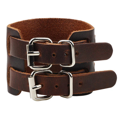 Modyle Wide Genuine Leather Cuff Bracelet – Vintage Brown & Black Punk Wristband for Men | Retro Fashion Jewelry Accessory