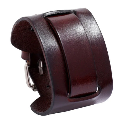 Modyle Wide Genuine Leather Cuff Bracelet – Vintage Brown & Black Punk Wristband for Men | Retro Fashion Jewelry Accessory