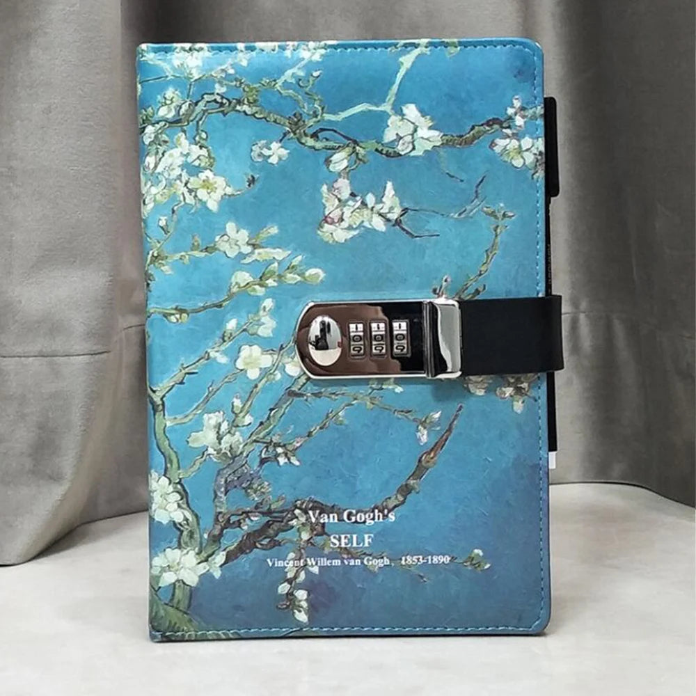 Password Lock Diary Notebook – Van Gogh Starry Night & Apricot Blossom Cover, 260-Page Secret Journal for Students & Kids