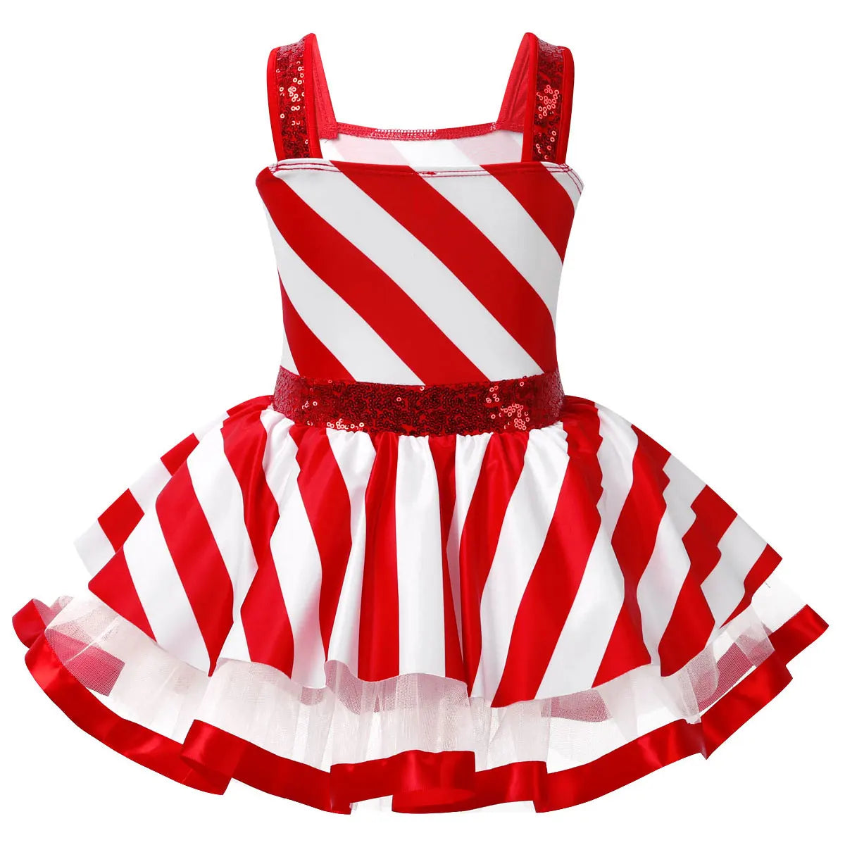 Girls' Christmas Candy Cane Costume Dress, Red and White Striped Sequin Mesh Tutu Leotard for Ballet, Skating, Dance, Carnival, Circus and Holiday Parties
