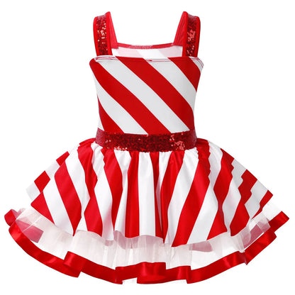 Girls' Christmas Candy Cane Costume Dress, Red and White Striped Sequin Mesh Tutu Leotard for Ballet, Skating, Dance, Carnival, Circus and Holiday Parties
