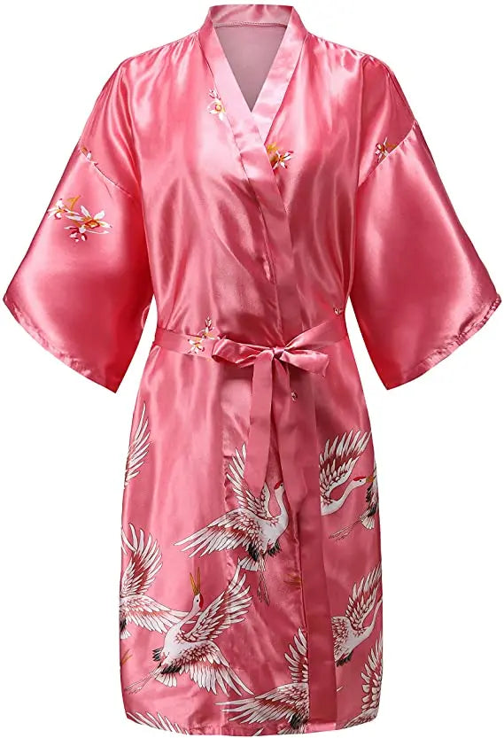 Silk Satin Floral Wedding Robe – Bride Bridesmaid Short Kimono Bathrobe Dressing Gown for Women