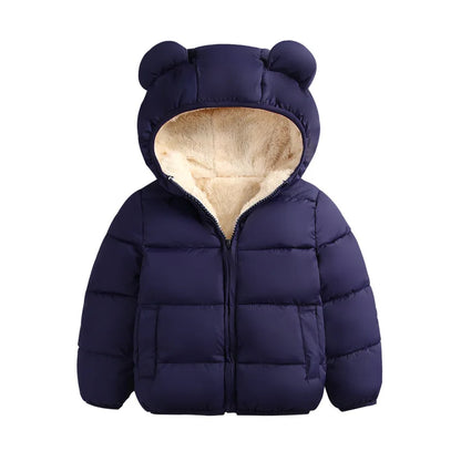 Baby Winter Hooded Down Jacket, Cute Ear Design Padded Snowsuit for Boys and Girls, Warm Solid Color Kids Coat and Cold Weather Outerwear