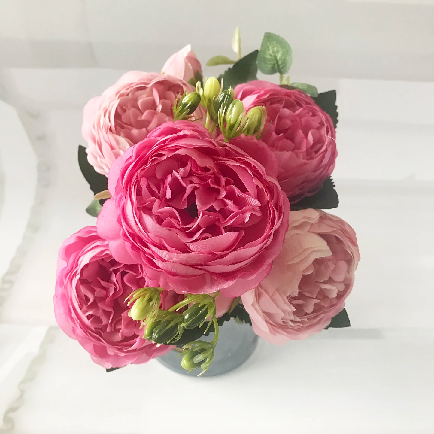 Bouquet de pivoines artificielles roses 30 cm – Fleurs en soie synthétiques avec 5 grandes fleurs et 4 bourgeons pour décoration de mariage, décoration intérieure, arrangements floraux et projets DIY