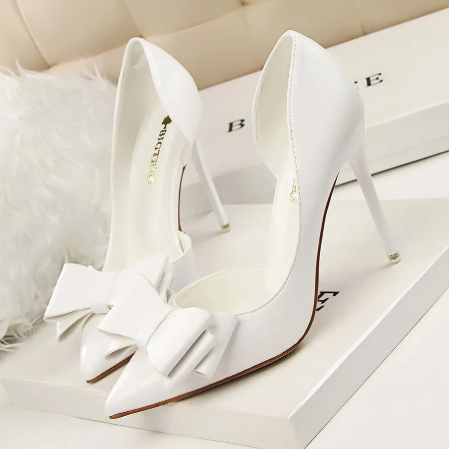 Women's Pointed Toe Stiletto High Heels with Bow Elegant Korean Wedding Pumps