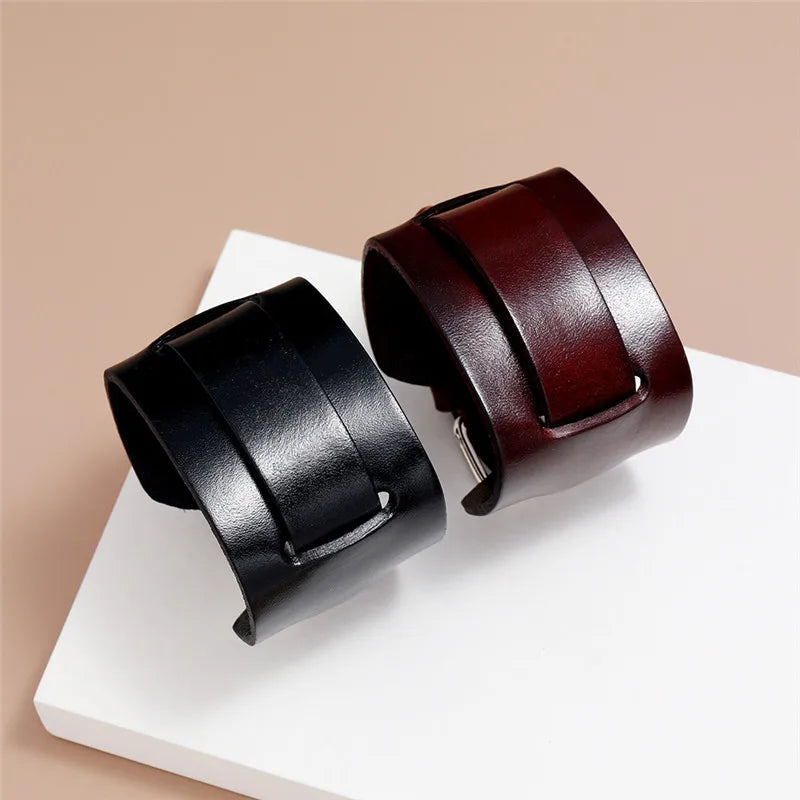 Modyle Wide Genuine Leather Cuff Bracelet – Vintage Brown & Black Punk Wristband for Men | Retro Fashion Jewelry Accessory