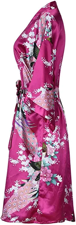 Silk Satin Floral Wedding Robe – Bride Bridesmaid Short Kimono Bathrobe Dressing Gown for Women
