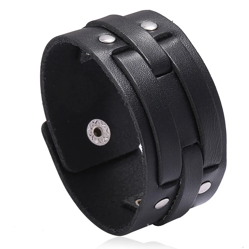 Modyle Wide Genuine Leather Cuff Bracelet – Vintage Brown & Black Punk Wristband for Men | Retro Fashion Jewelry Accessory