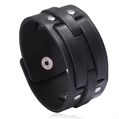 Modyle Wide Genuine Leather Cuff Bracelet – Vintage Brown & Black Punk Wristband for Men | Retro Fashion Jewelry Accessory