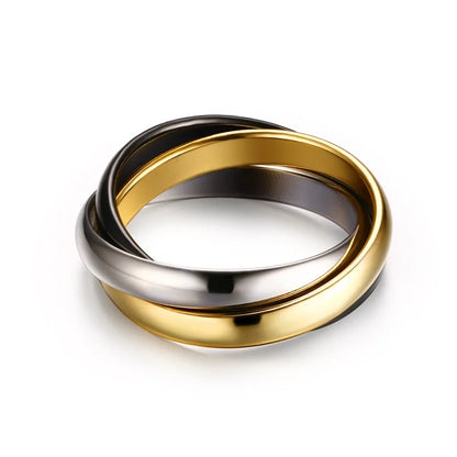 Stainless Steel Interlocked Triple Ring – Three-in-One Multi-Color Wedding Band for Women | Stackable Fashion Ring