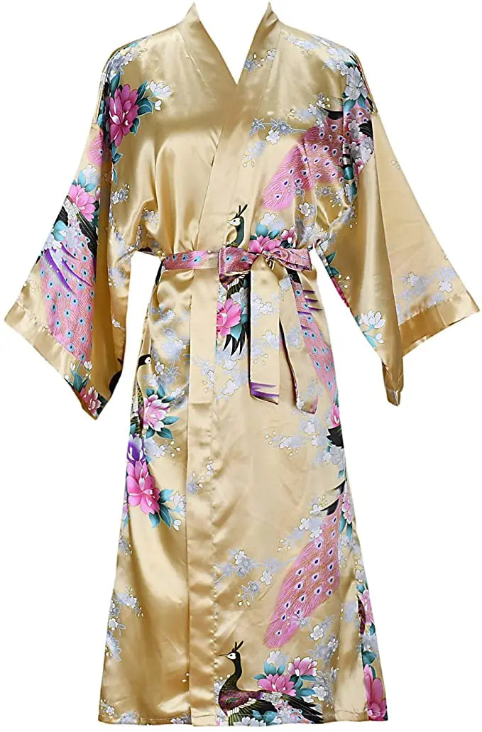 Silk Satin Floral Wedding Robe – Bride Bridesmaid Short Kimono Bathrobe Dressing Gown for Women