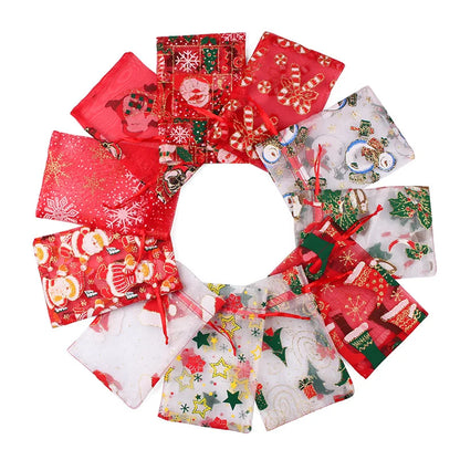 50PCS Santa Claus Christmas Organza Gift Bags – 10×15CM & 13×18CM Drawstring Jewelry & Favor Bags for Xmas Gift Packaging