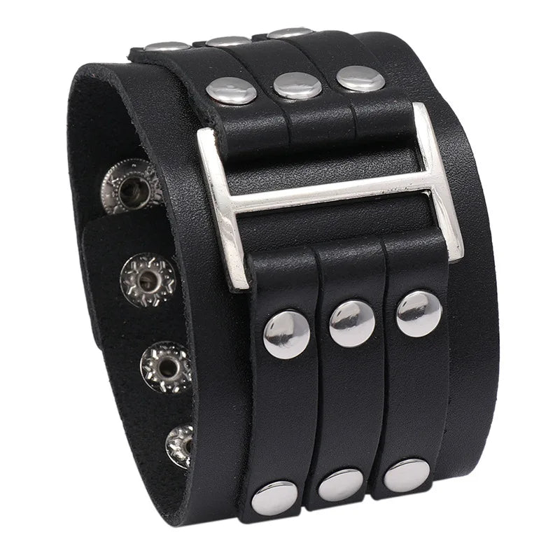 Modyle Wide Genuine Leather Cuff Bracelet – Vintage Brown & Black Punk Wristband for Men | Retro Fashion Jewelry Accessory
