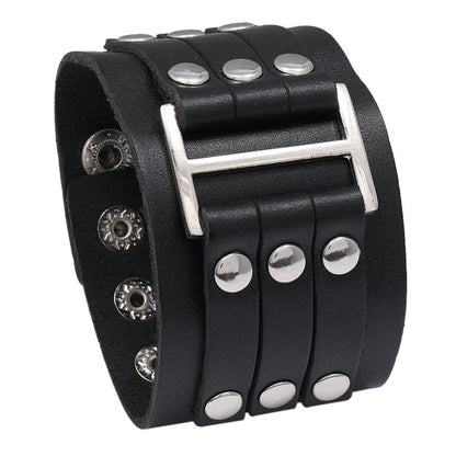 Modyle Wide Genuine Leather Cuff Bracelet – Vintage Brown & Black Punk Wristband for Men | Retro Fashion Jewelry Accessory