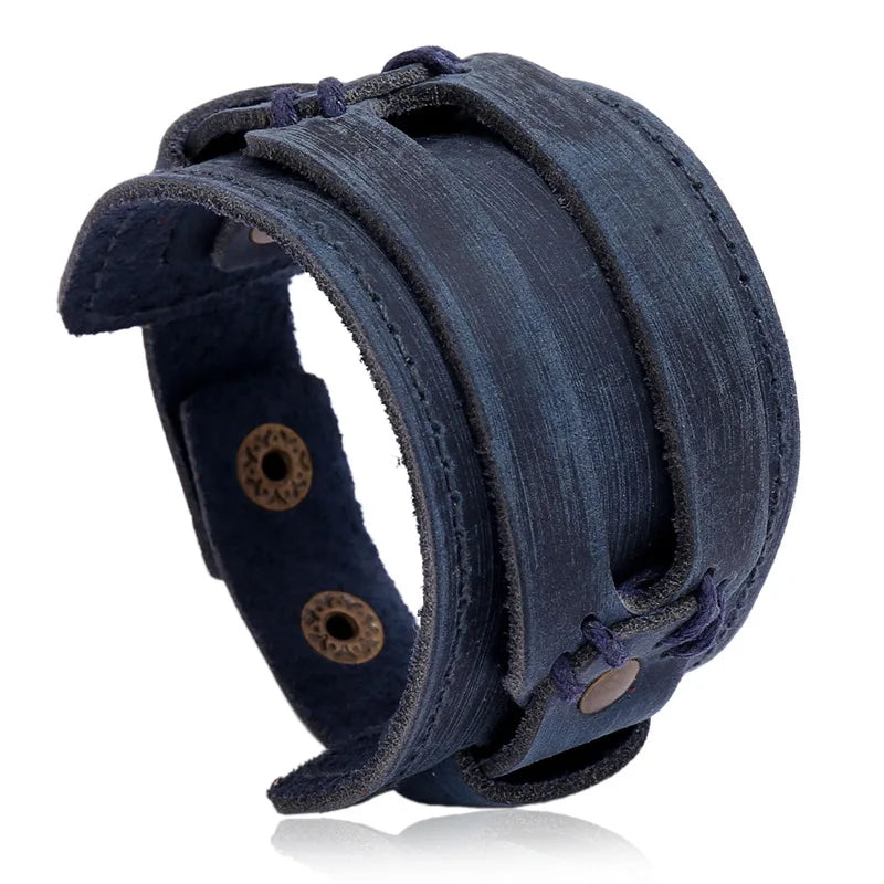 Modyle Wide Genuine Leather Cuff Bracelet – Vintage Brown & Black Punk Wristband for Men | Retro Fashion Jewelry Accessory
