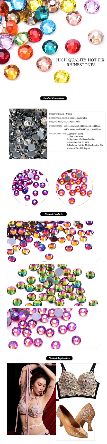 Set de diamantes de imitación de fijación en caliente de 1440 piezas – Piedras de cristal brillante de base plana para decoración de uñas, ropa y manualidades