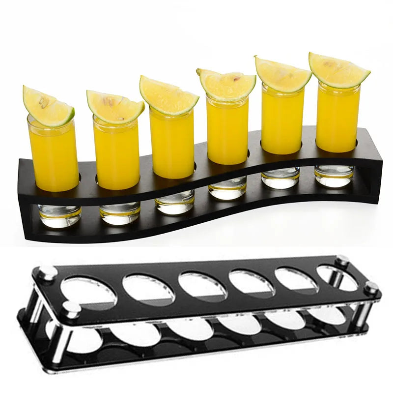 Wooden Acrylic Shot Glass Holder Rack, 6-Hole Single Row Wine Tasting Flight Tray, Shot Glass Display Stand, Bar Drink Serving Tray and Cup Storage Carrier