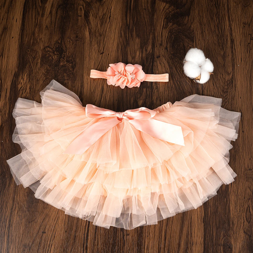 2PCS Baby Girls' Tulle Tutu Bloomers Set – Newborn Diaper Cover Skirt with Matching Headband, Rainbow Princess Outfit for Infants