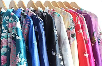 Silk Satin Floral Wedding Robe – Bride Bridesmaid Short Kimono Bathrobe Dressing Gown for Women