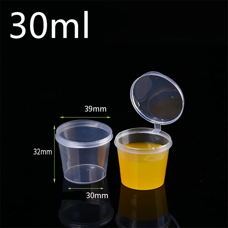 30 Envases Desechables para Salsas – Recipientes de Plástico de 30ml/50ml/100ml con Tapa Abatible, Vasos Reutilizables para Condimentos, Contenedores de Almacenamiento y Cajas para Mezclar Pintura para Cocina, Manualidades y Organización