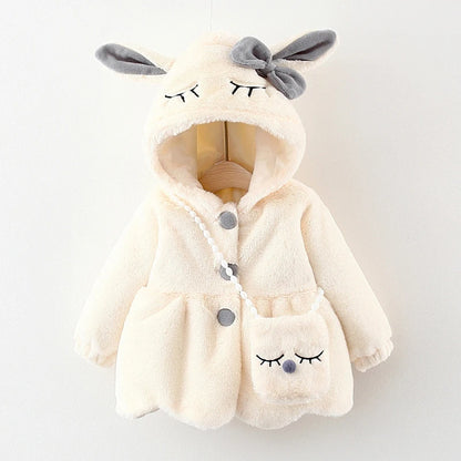 Cute Rabbit Ears Baby Jacket, Plush Hooded Winter Coat for Toddler Girls, Warm Princess Outerwear for Autumn and Christmas