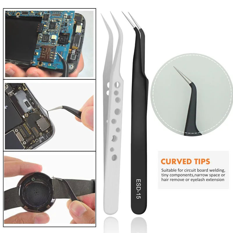 9PCS Precision Tweezers Set – Stainless Steel Anti-Static Repair Tools for Electronics, Mobile Phones & DIY