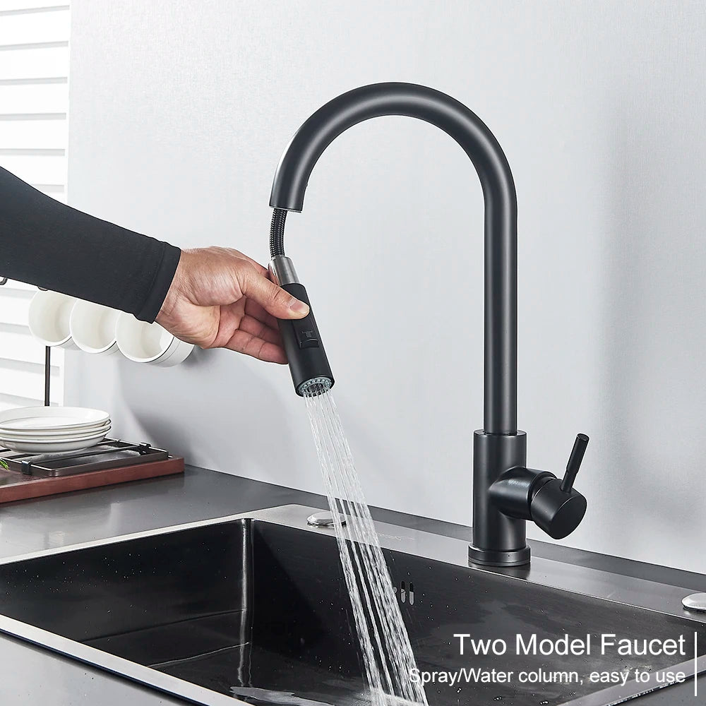 Black Kitchen Faucet – Single-Handle Pull-Out Mixer Tap with 2-Function Spray, Hot & Cold Water, Deck-Mounted Sink Faucet
