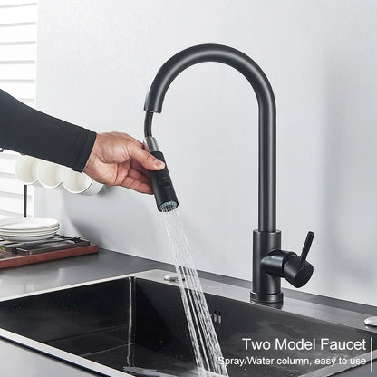 Black Kitchen Faucet – Single-Handle Pull-Out Mixer Tap with 2-Function Spray, Hot & Cold Water, Deck-Mounted Sink Faucet