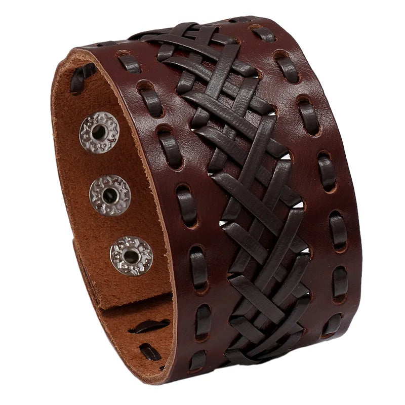 Modyle Wide Genuine Leather Cuff Bracelet – Vintage Brown & Black Punk Wristband for Men | Retro Fashion Jewelry Accessory