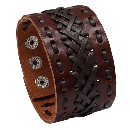Modyle Wide Genuine Leather Cuff Bracelet – Vintage Brown & Black Punk Wristband for Men | Retro Fashion Jewelry Accessory