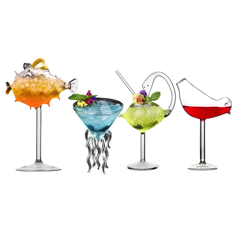 Creative Animal-Shaped Cocktail Glass, Porcupine Fish Swan Rose Octopus Bird Design Drinking Cup, Novelty Bar Drinkware for KTV, Night Parties and Gifts