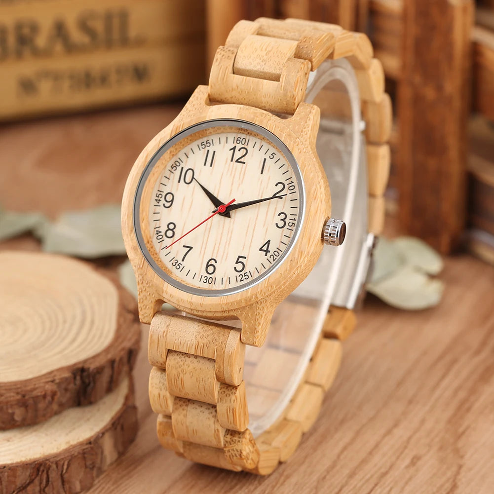 Women’s Natural Bamboo Wood Quartz Watch – Minimalist Wooden Band Wristwatch, Elegant Luxury Style Ladies’ Dress Watch