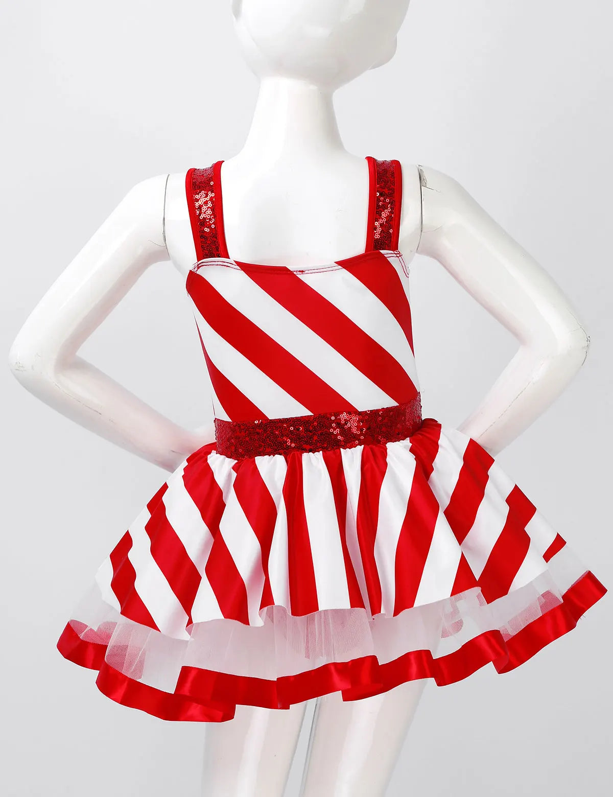 Girls' Christmas Candy Cane Costume Dress, Red and White Striped Sequin Mesh Tutu Leotard for Ballet, Skating, Dance, Carnival, Circus and Holiday Parties