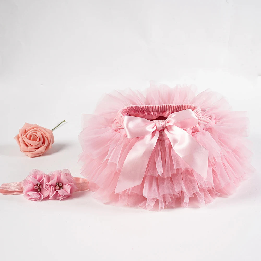2PCS Baby Girls' Tulle Tutu Bloomers Set – Newborn Diaper Cover Skirt with Matching Headband, Rainbow Princess Outfit for Infants