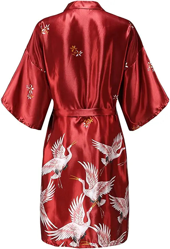 Silk Satin Floral Wedding Robe – Bride Bridesmaid Short Kimono Bathrobe Dressing Gown for Women