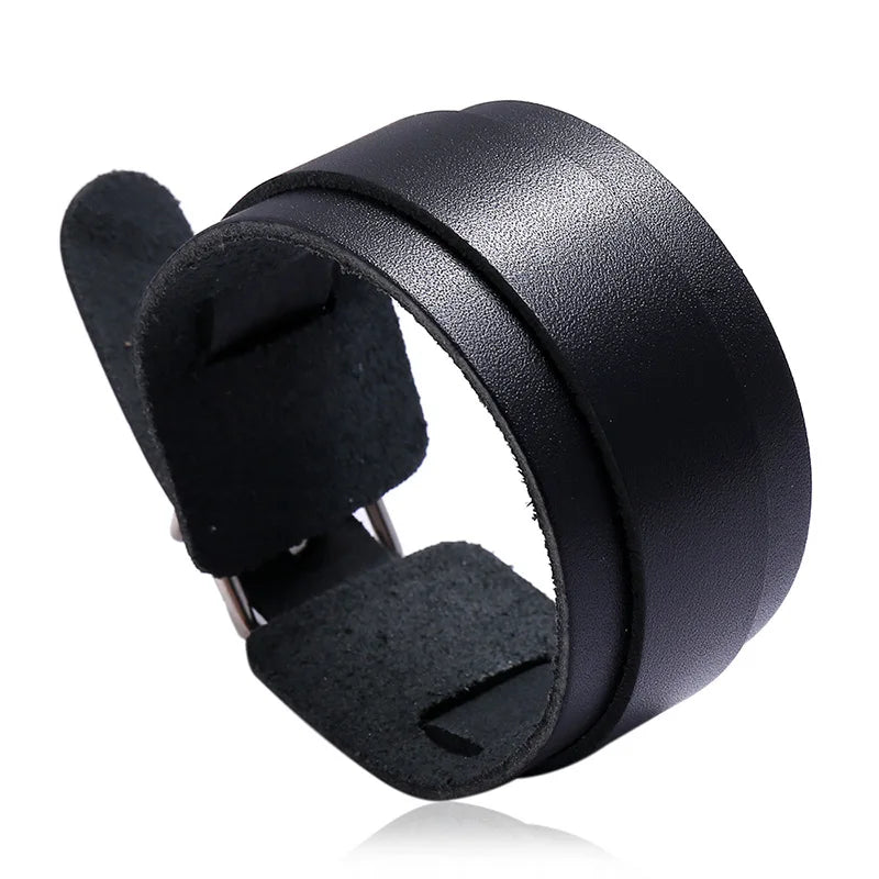 Modyle Wide Genuine Leather Cuff Bracelet – Vintage Brown & Black Punk Wristband for Men | Retro Fashion Jewelry Accessory