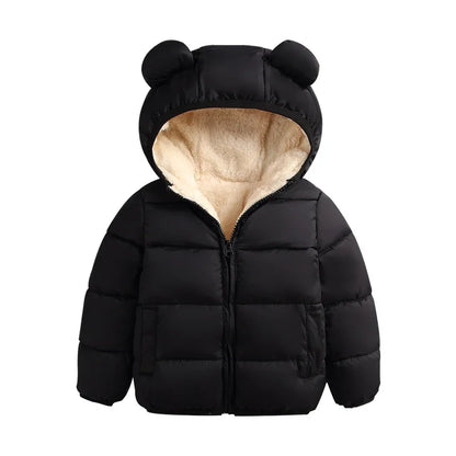 Baby Winter Hooded Down Jacket, Cute Ear Design Padded Snowsuit for Boys and Girls, Warm Solid Color Kids Coat and Cold Weather Outerwear