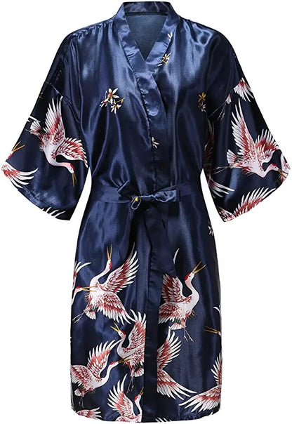 Silk Satin Floral Wedding Robe – Bride Bridesmaid Short Kimono Bathrobe Dressing Gown for Women