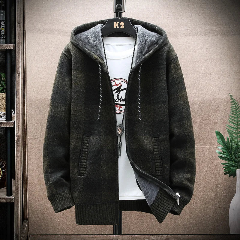 Men's Winter Plaid Hooded Cardigan Sweater Jacket Fleece Lined Warm Zipper Coat Checkered Knit Jumper for Autumn and Winter
