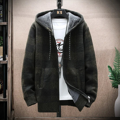 Men's Winter Plaid Hooded Cardigan Sweater Jacket Fleece Lined Warm Zipper Coat Checkered Knit Jumper for Autumn and Winter