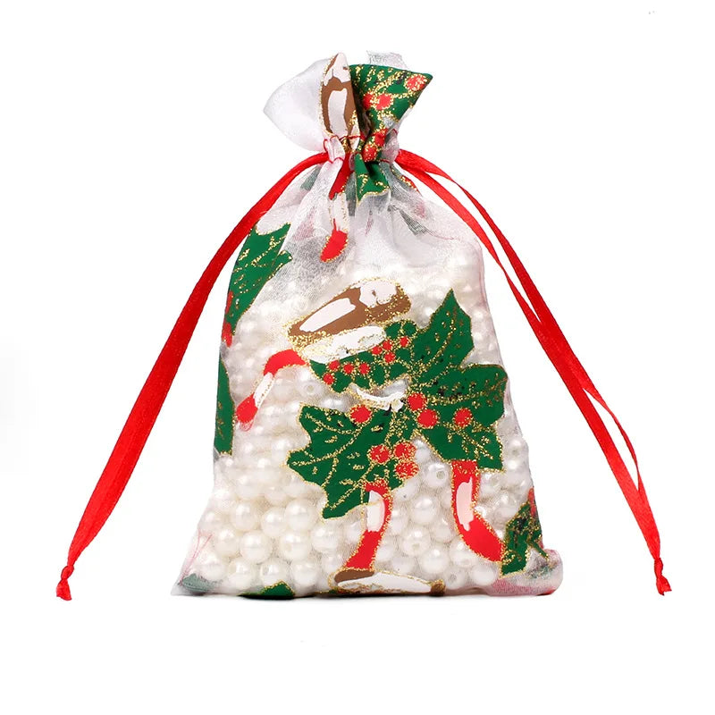 50PCS Santa Claus Christmas Organza Gift Bags – 10×15CM & 13×18CM Drawstring Jewelry & Favor Bags for Xmas Gift Packaging