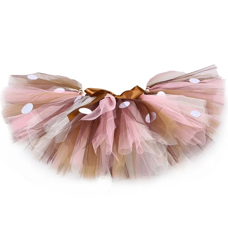 Girls Reindeer Tulle Tutu Skirt – Fluffy Brown Deer Costume for Christmas, Halloween, Carnival & Dress-Up, Ages 1–14Y